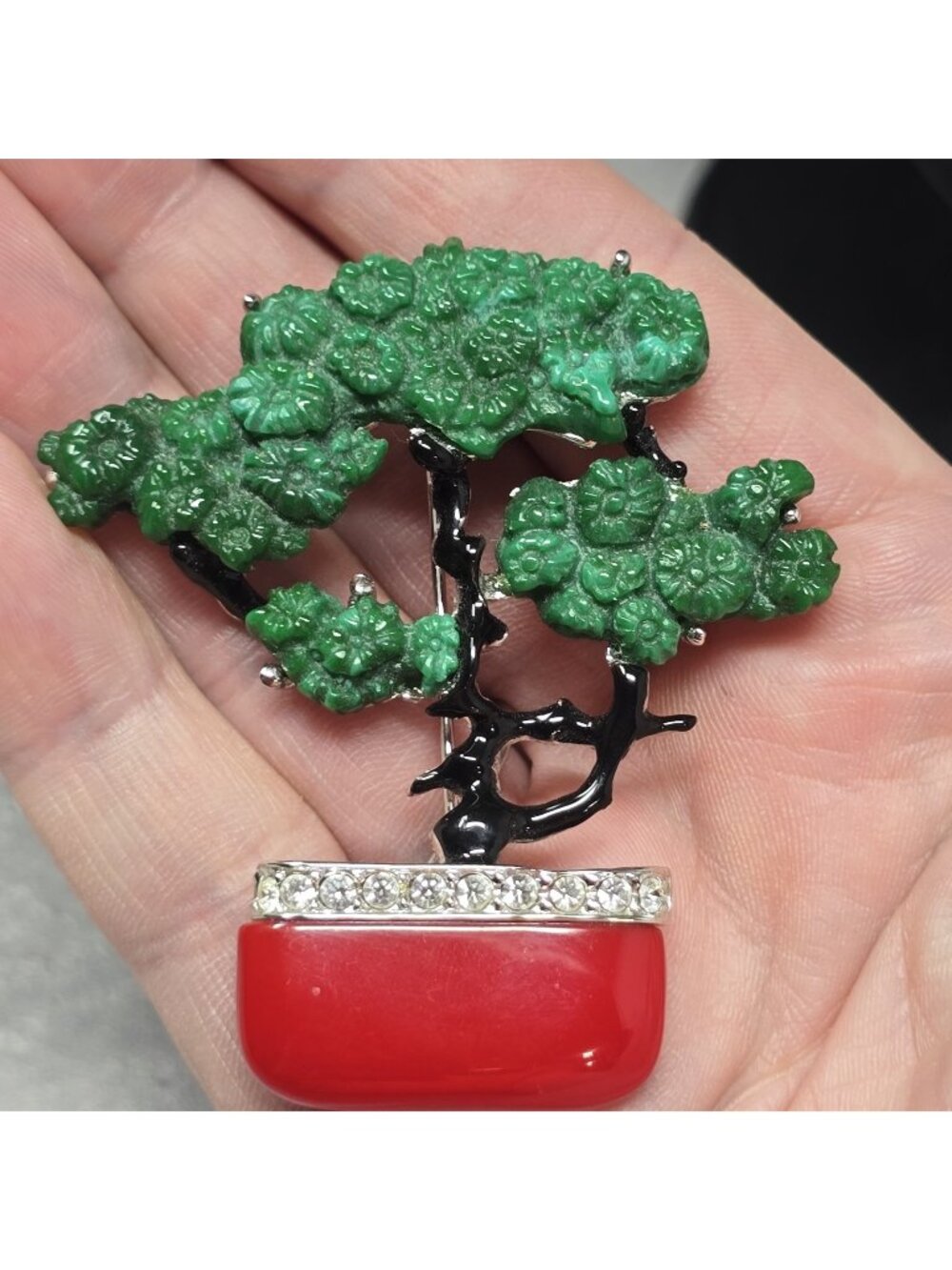 RARE Signed Art Deco Bonsai Brooch Faux Jade Coral Rhinestone Enameled